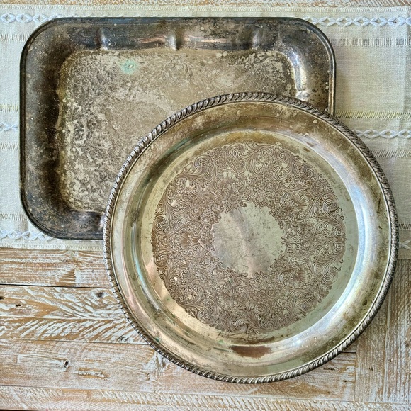 2 Vintage Rogers Silver Platter/Trays: WM Round 15” & FB Oblong 16.5”x 11.5” VYG - Picture 1 of 14